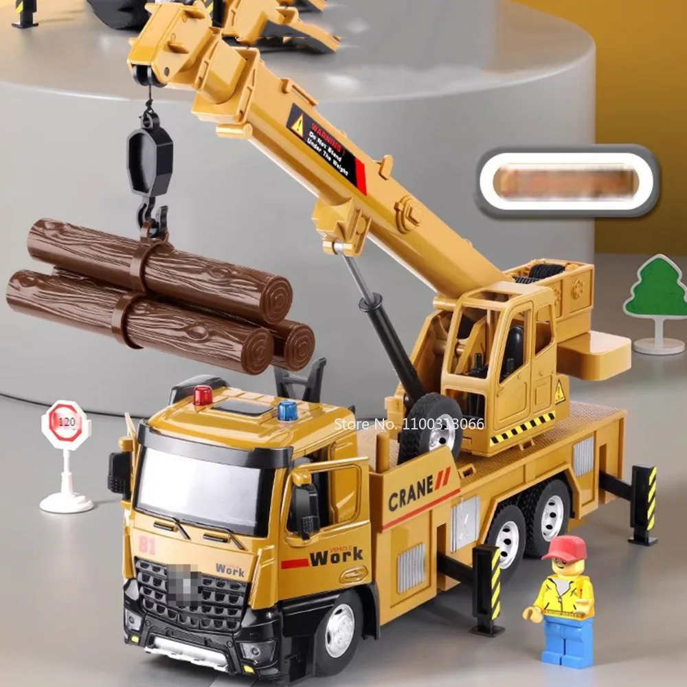 1/18 Metal Diecast Engineering Vehicles Model Toys Rubber Tires with Light＆Sound Large Crane Models for Children Education Toy