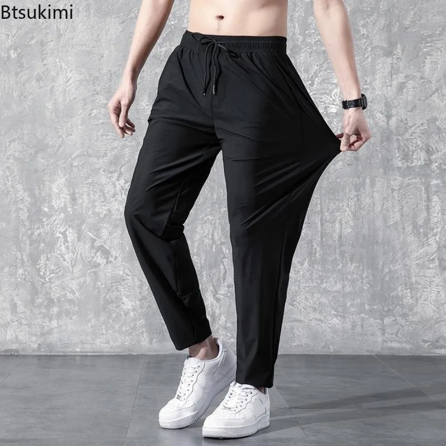 

Весенне-летние тонкие мужские брюки из ледяного шелка, свободные дышащие повседневные брюки с эластичной резинкой на талии, быстросохнущие прямые спортивные штаны для мужчин