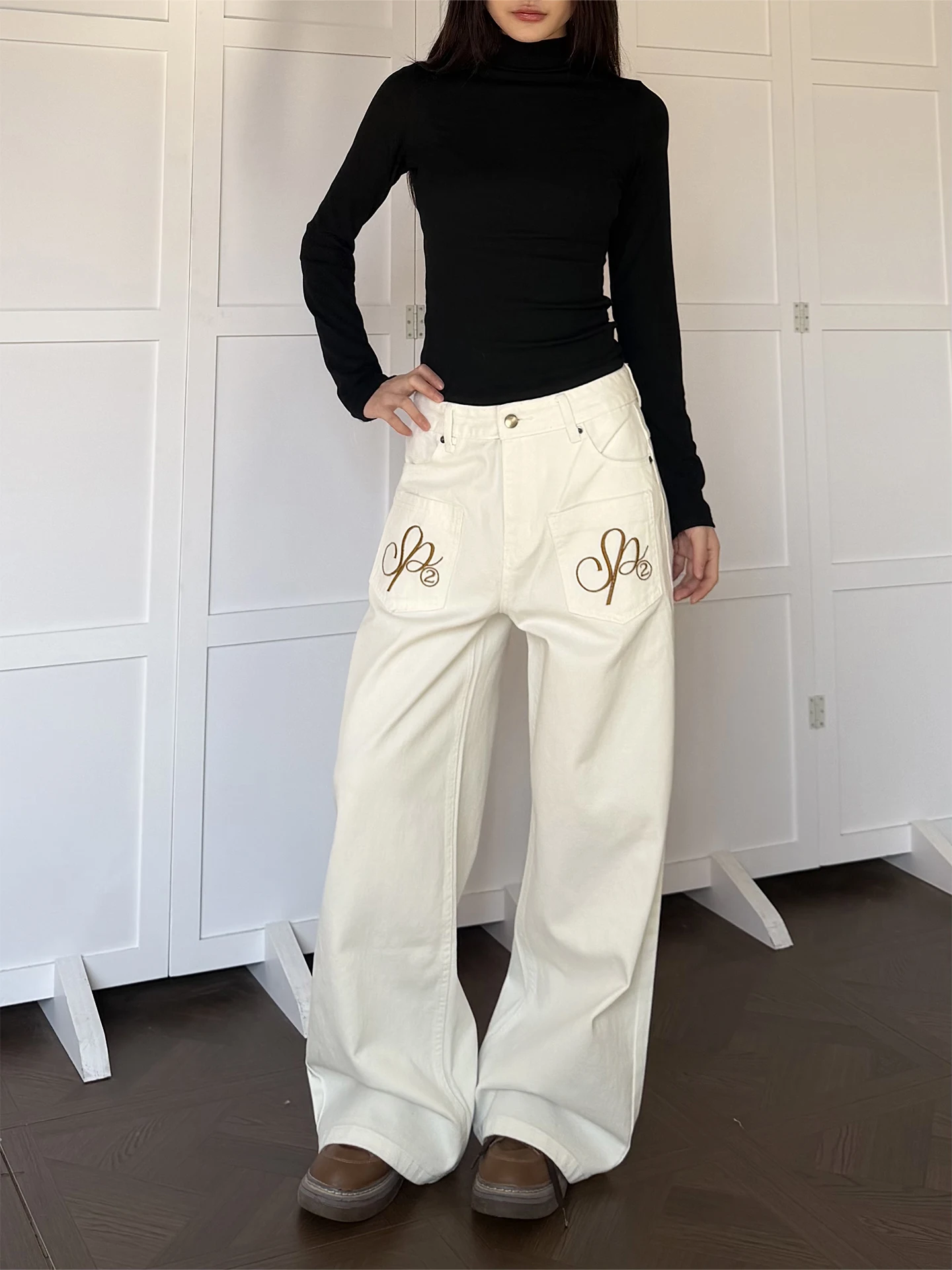 

Don Cry American Retro Embroidered Waed White Jeans Loose Straight Leg Wide Leg Long Trousers ex Casual Wear Resistant