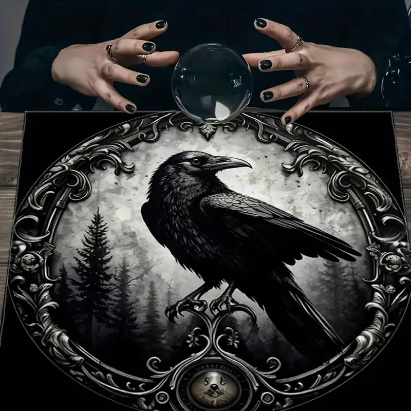 VIKAMA Retro Dark Forest Crow Tarot Tablecloth Altar Cloth for Divination Spiritual Meditation Room Decor Witchy Aesthetic