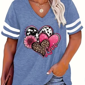 Loose T -shirt with V V, Women's Short Sleeve, Love Stamp, Casual Fashion, Spring, Summer, New, Plus Size, 5xl, 6xl, 2024 8 Main Sales Plus Size Women's Blouse - №6