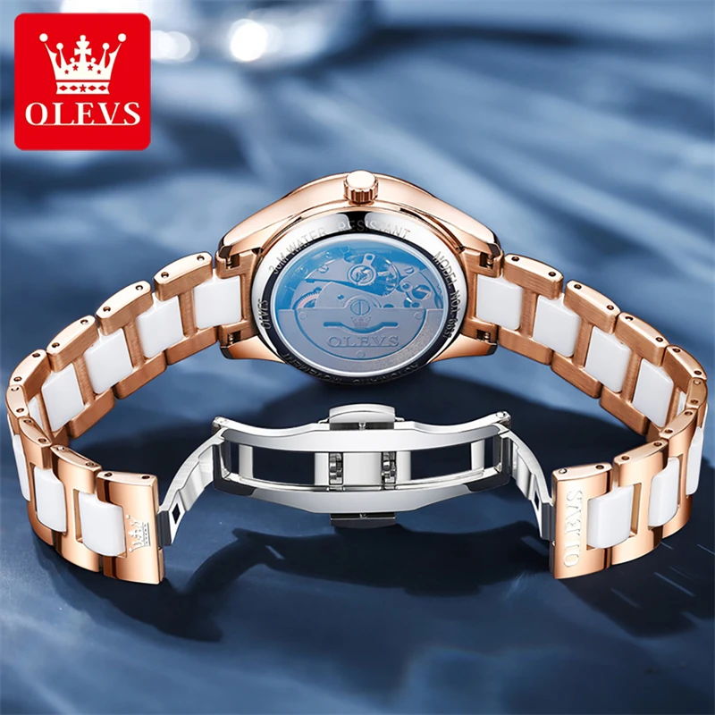 OLEVS Fashion Women Mechanical Watches Luxury Diamond Ceramic Strap Waterproof Luminous Week Calendar Automatic Watch For Women