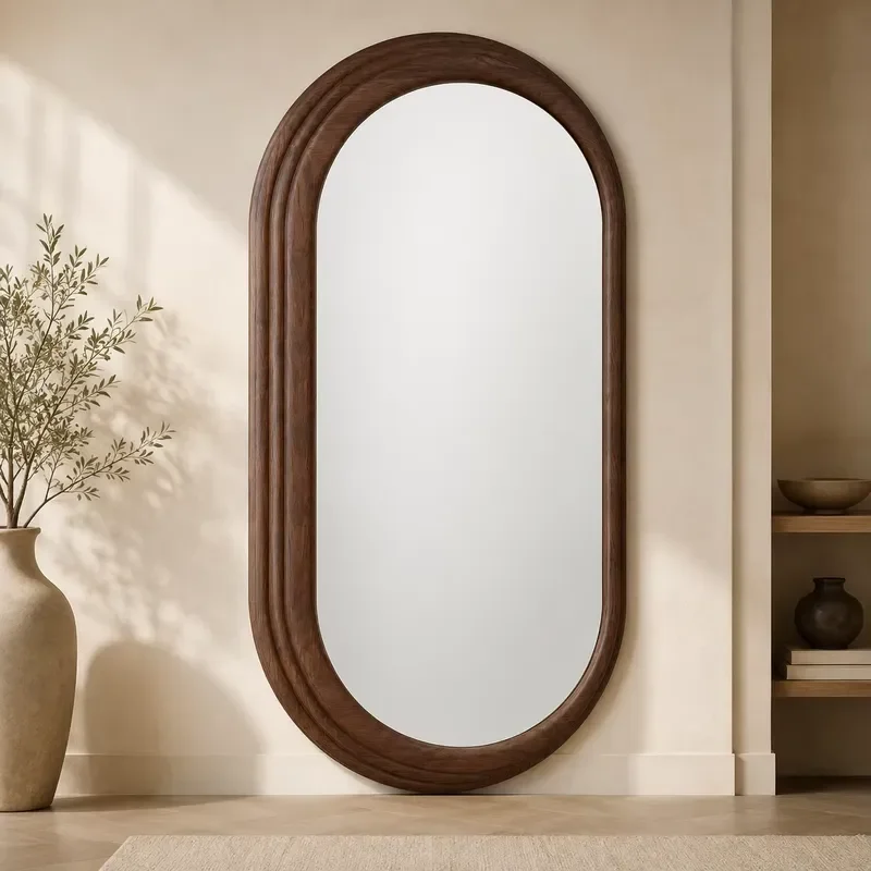 Antique Bronze Walnut Full Length Floor to Ceiling Mirror Asymmetrical Crescent Arched Vertical Decor for Hotel Wholesale