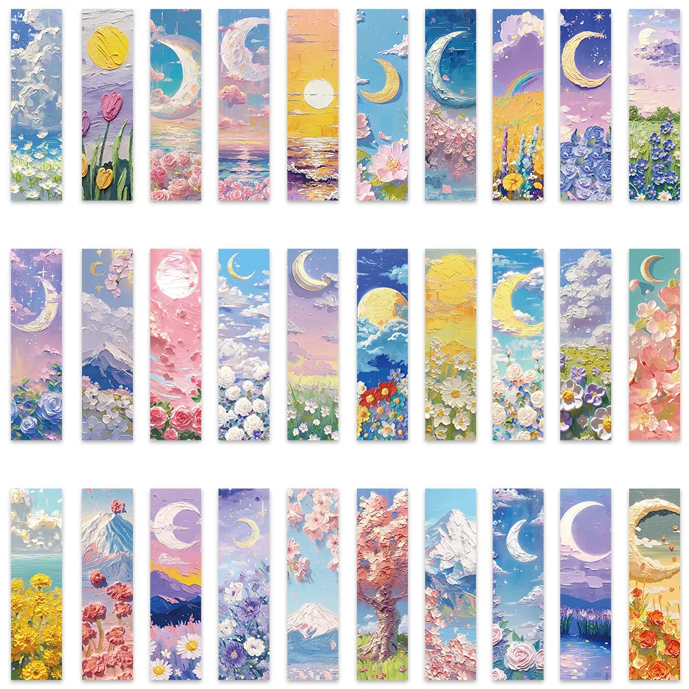 30pcs Cartoon Flowers Landscape Oil Painting Paper Bookmarks DIY Students Readers Page Markers Library Office Page Marking