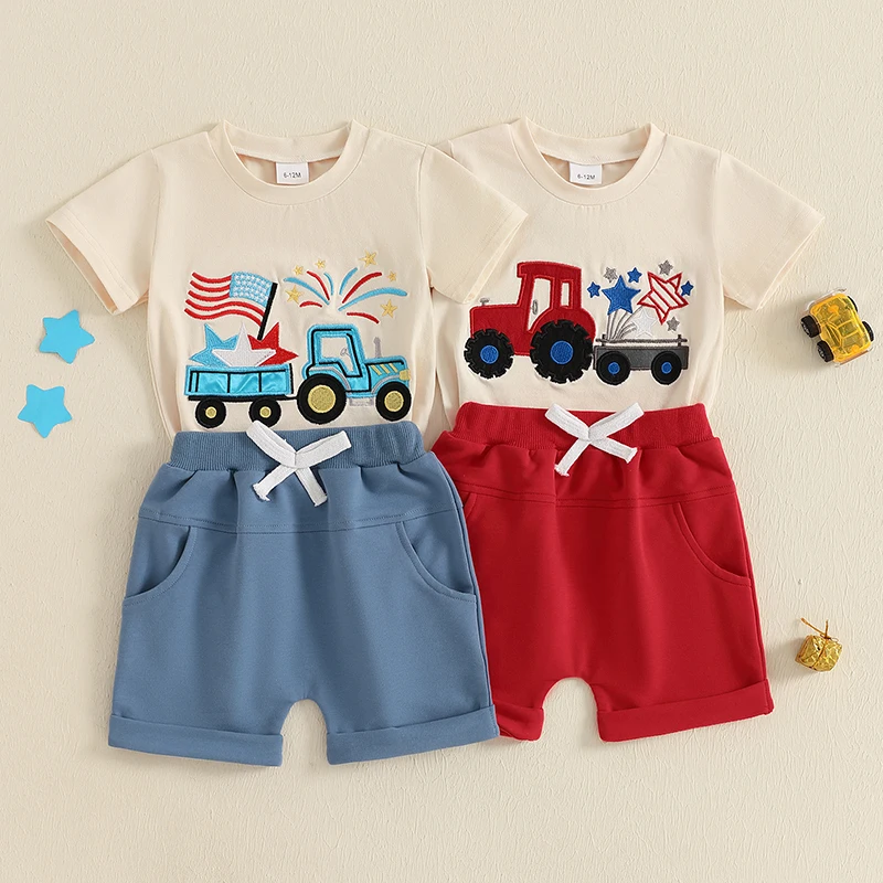 Summer Baby Toddler Boy 4th of July Outfit Set Short Sleeve Truck Embroidery T-Shirt Elastic Waist Shorts 2 Piece Outfits