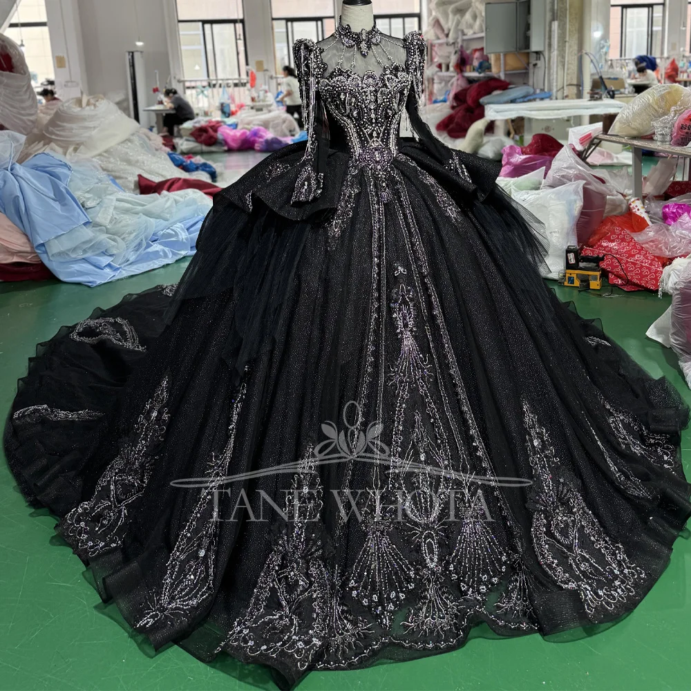 Turtle Black Customizable Long Sleeves Lace-Up Keyhole Back Evening Gown Crystal Beading Luxury Dress For Special Occasions