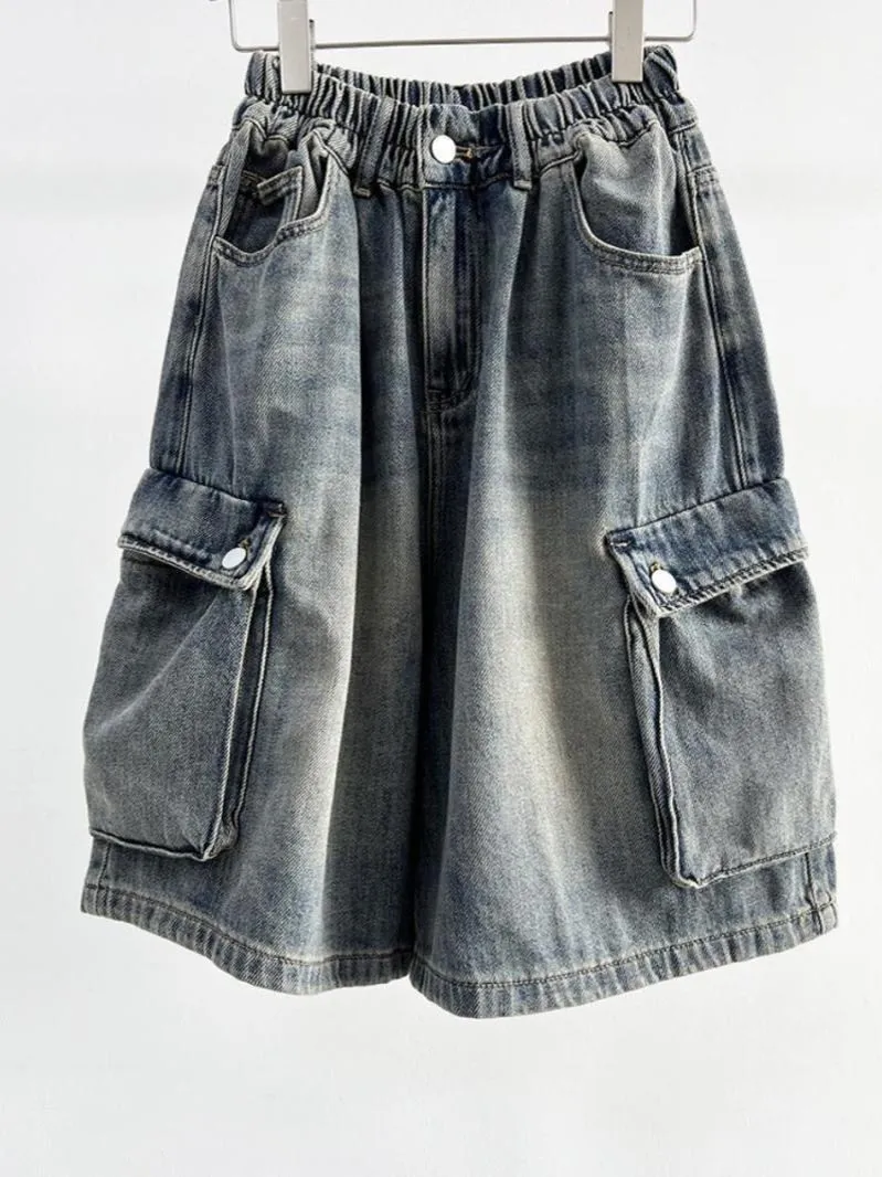 

Джинсовые шорты унисекс в стиле ретро Harajuku BF, свободные, супероблегающие, с широкими штанинами, рабочие брюки-капри с высокой талией, повседневная одежда больших размеров