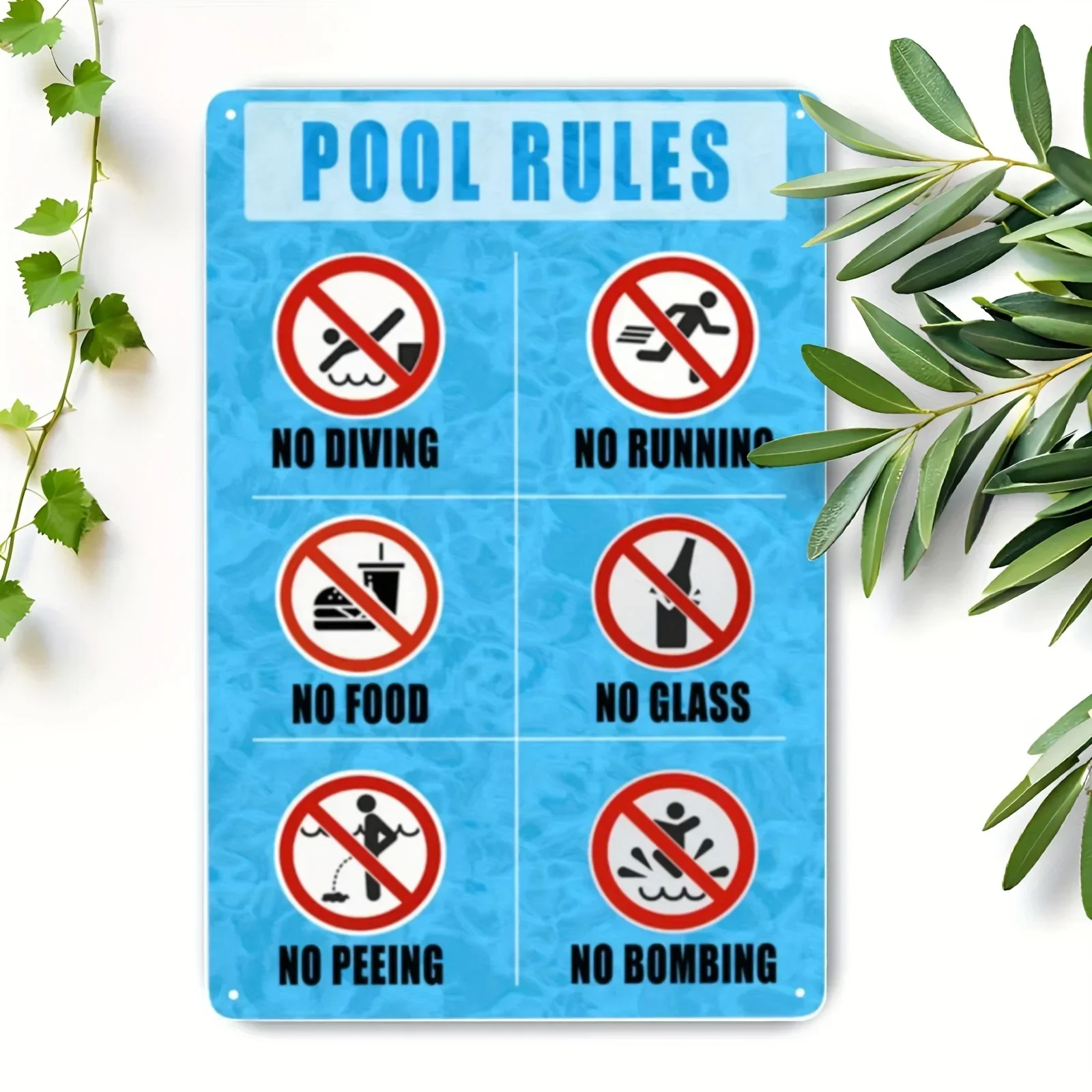 Metal Pool Rules Sign - No Running, Diving, Food, Glass, Peeing, Bombing - Outdoor Safety Warning for Swimming Pools & Water