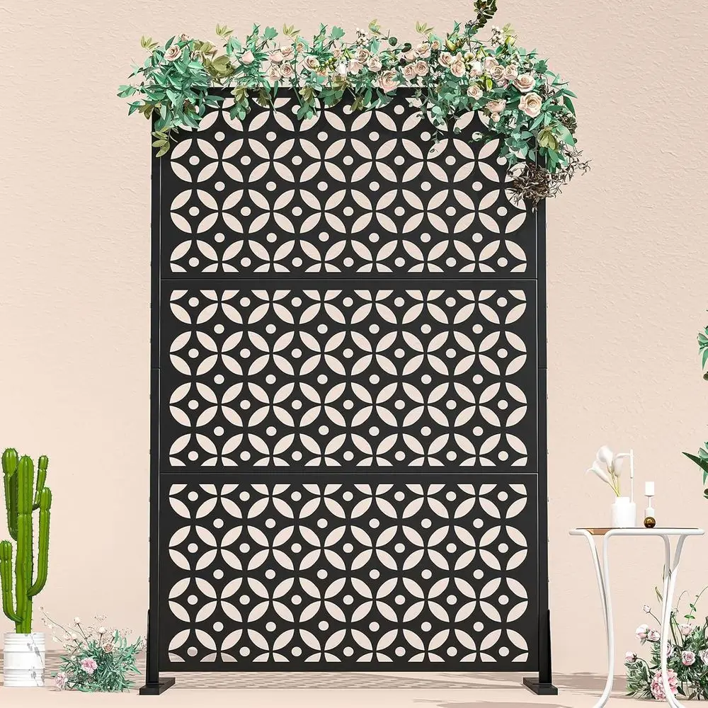 72 Tall x 45 Wide Metal Outdoor Privacy Screen with Decorative Fence Panels and Ground Screws for Patio and Deck
