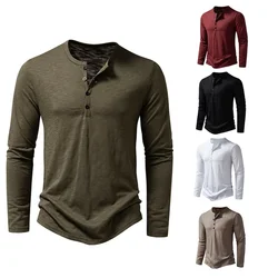 Autumn New Men's Cotton Button Long Sleeve Henley Neck T-Shirt Casual Solid Color Breathable Versatile Fashion Slim T-Shirts