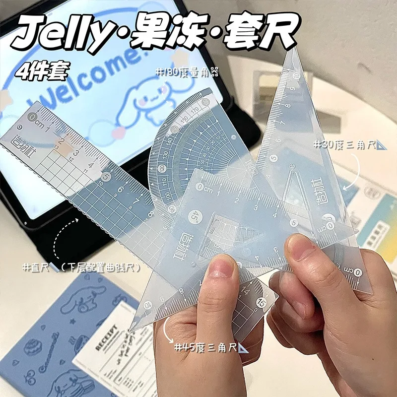 4Pcs Jelly Color Ruler Set 20cm Multifunctional Stationery Kit Straight Triangle Ruler Protractor for Girls Students