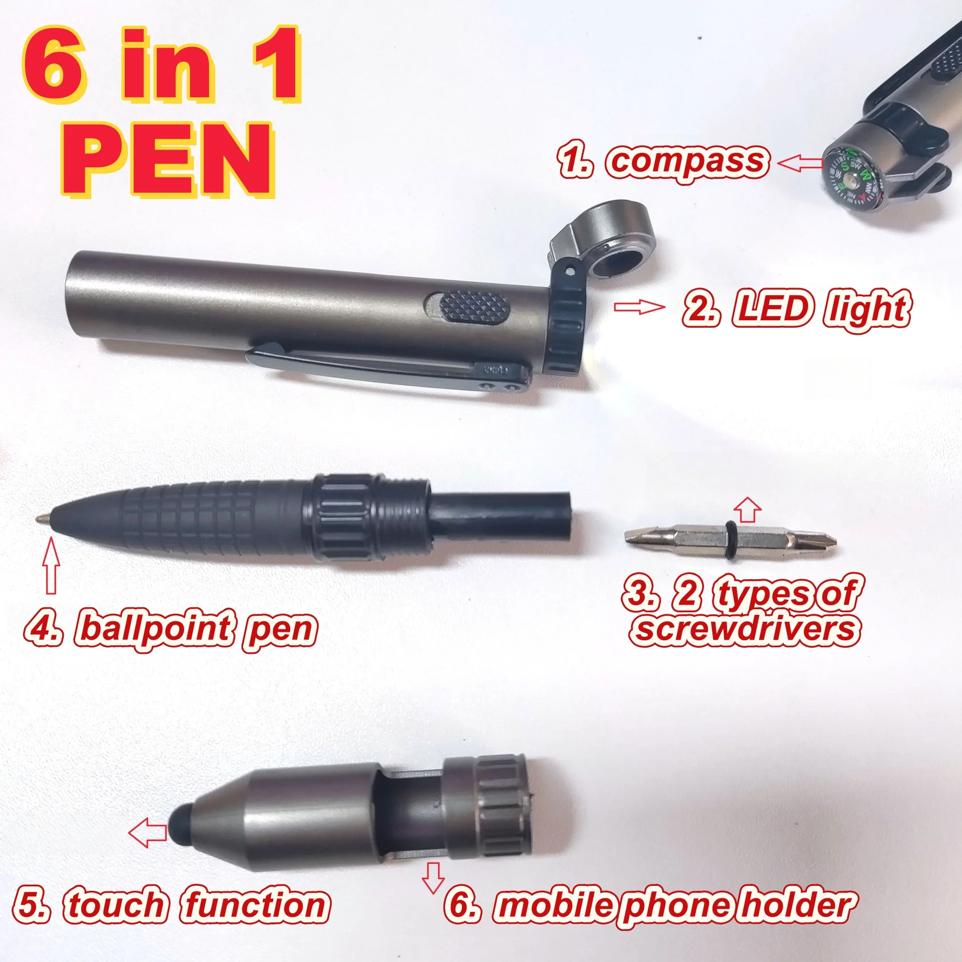 

Светодиодная ручка 6-в-1, шариковая ручка с компасом, многофункциональная ручка для письма, сенсорная функция, держатель для телефона для офиса, уличный карандаш, подарок
