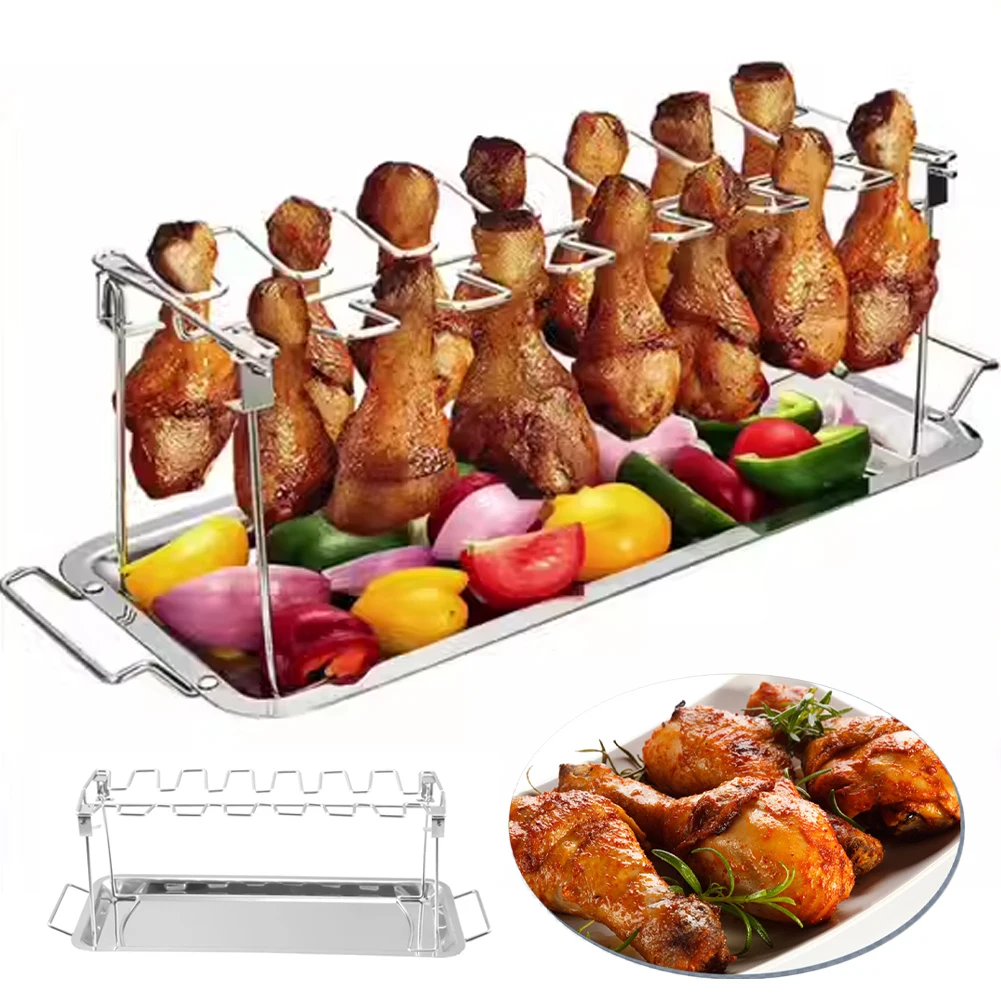 

Chicken Leg Rack for Grill with Drip Tray 430 Stainless Steel Folding Drumstick Rack 14 Slots Chicken Wing Rack Holder for BBQ