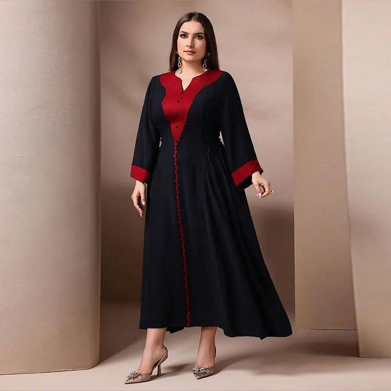 

Middle East Muslim Fashion 2025 Women's Contrast Color Casual Trendy Plus Size V-neck Elegant Ceremonial Dress Female Clothes