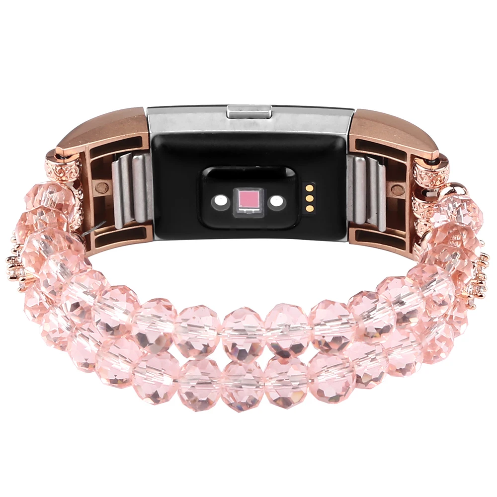 Bling Band for Fitbit Charge 5/ 6 Dressy Beads Bracelet Luxurious Crystal Replacement Wristband for Women Pink Wristband Strap