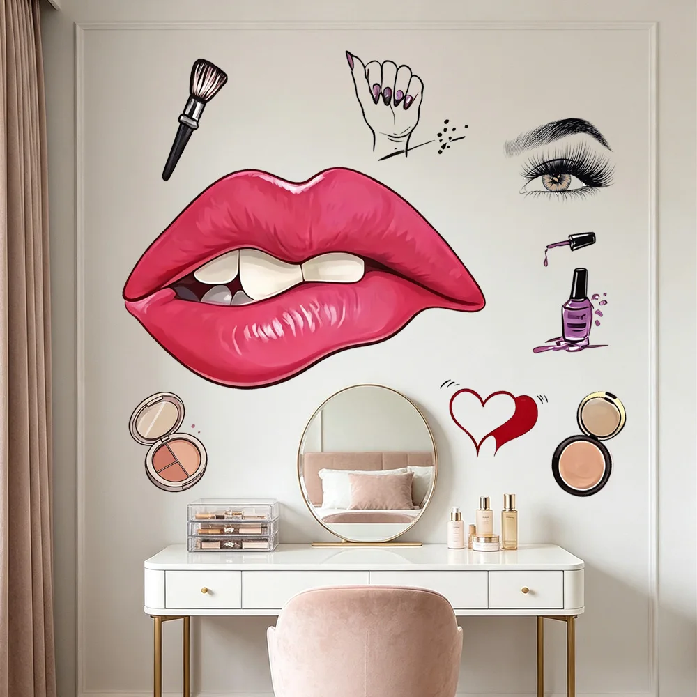 3d red lip makeup wall sticker self adhesive girls' room makeup shop wall decal mural