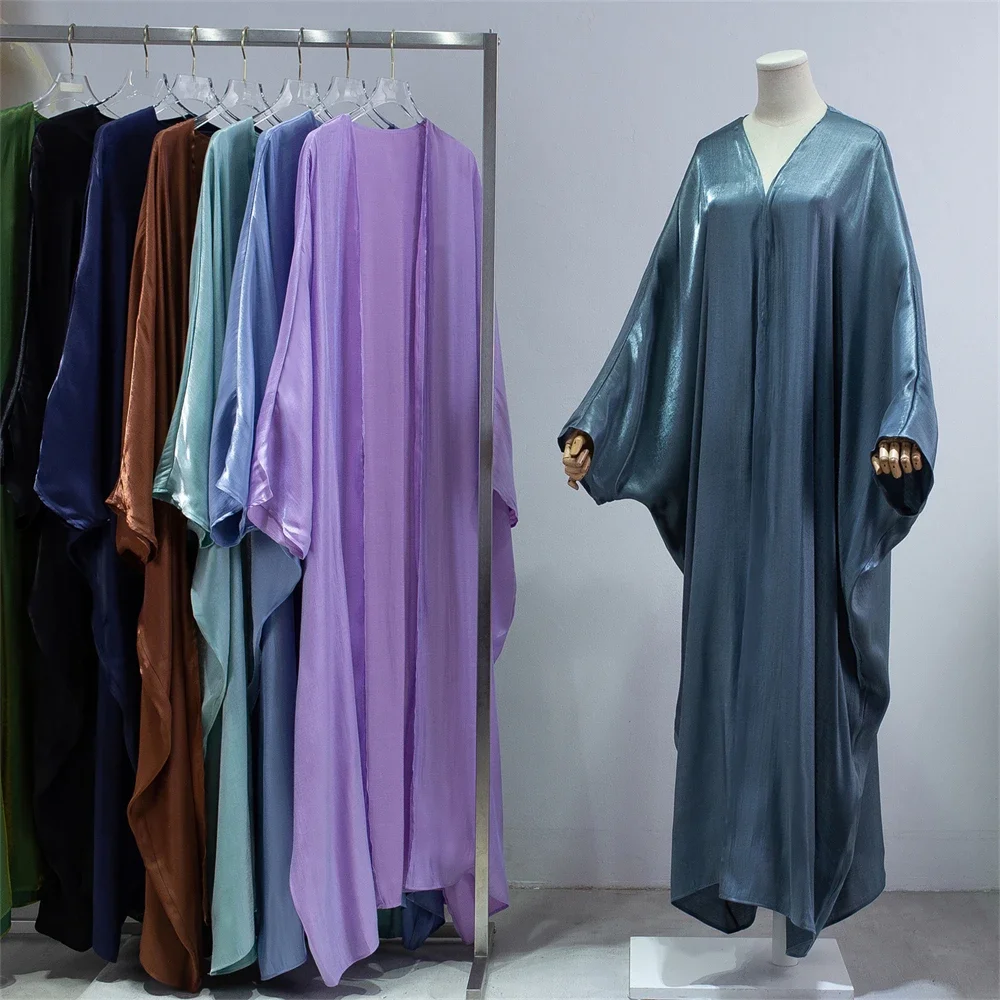 Muslim Fashion Bright Silk Satin Batwing Sleeve Open Abaya Solid Oversized Arab Dubai Moroccan Kaftan Corban Eid Al Adha Robe