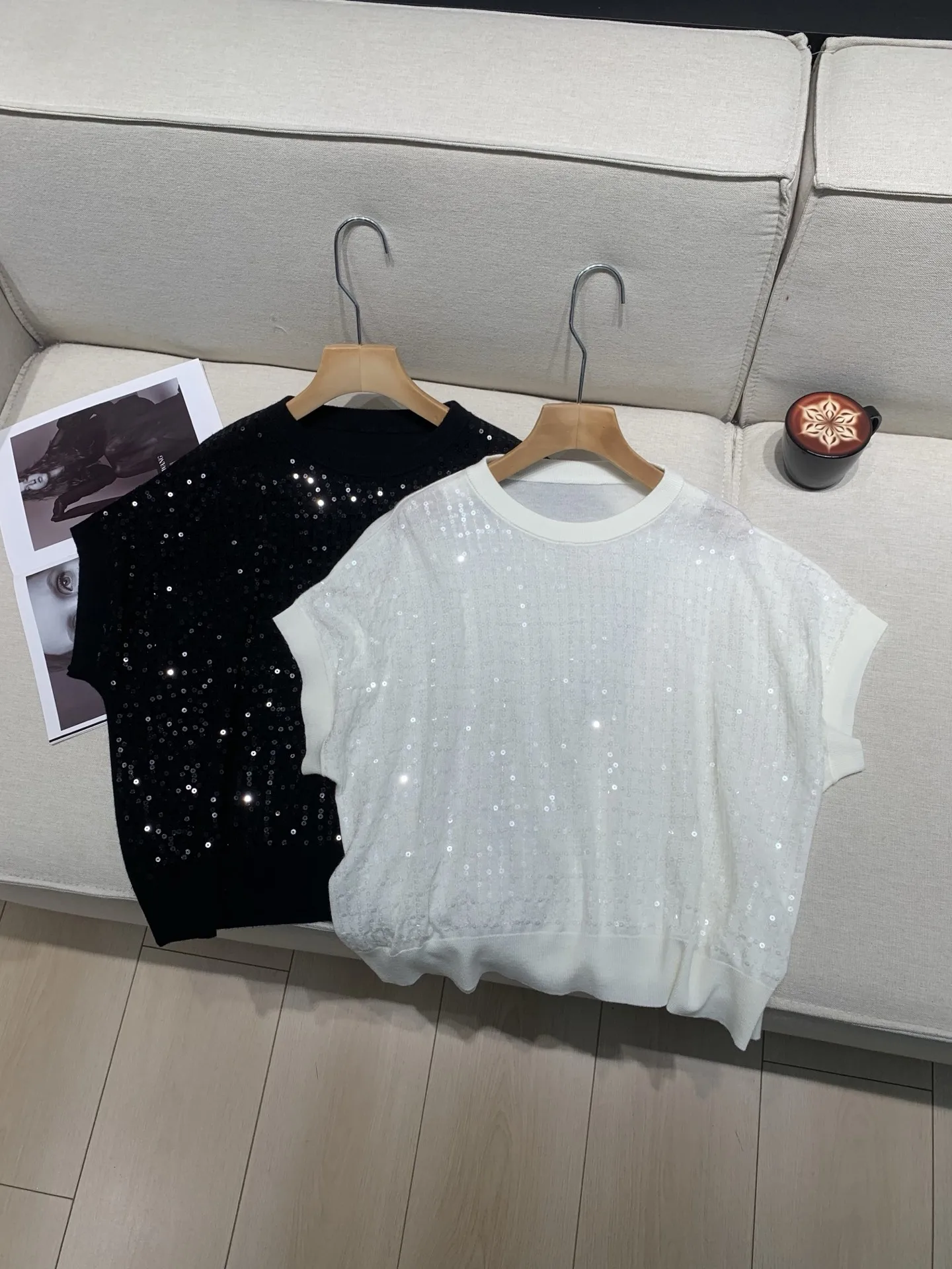 Spring 2026 Women Heavy Sequin T-Shirt Wool Blend Round Neck Short Sleeve Solid Color Loose Fashion Tee Tops