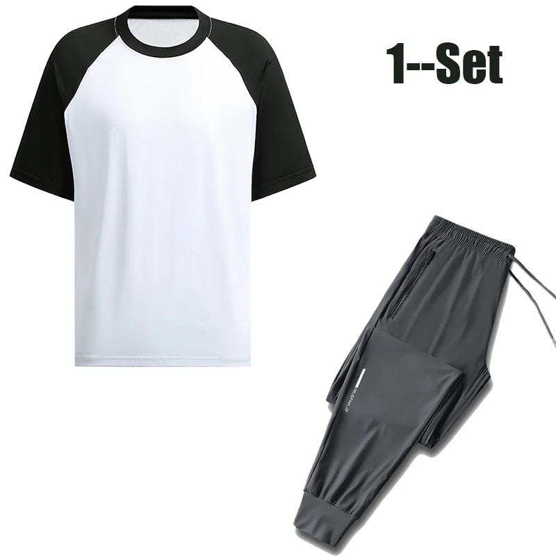 

Summer Outdoor High-quality Ice Silk Splicing Short Sleeved Tshirt Comfortable Ultra-thin Breathable Men Short Sleeved Pants Set