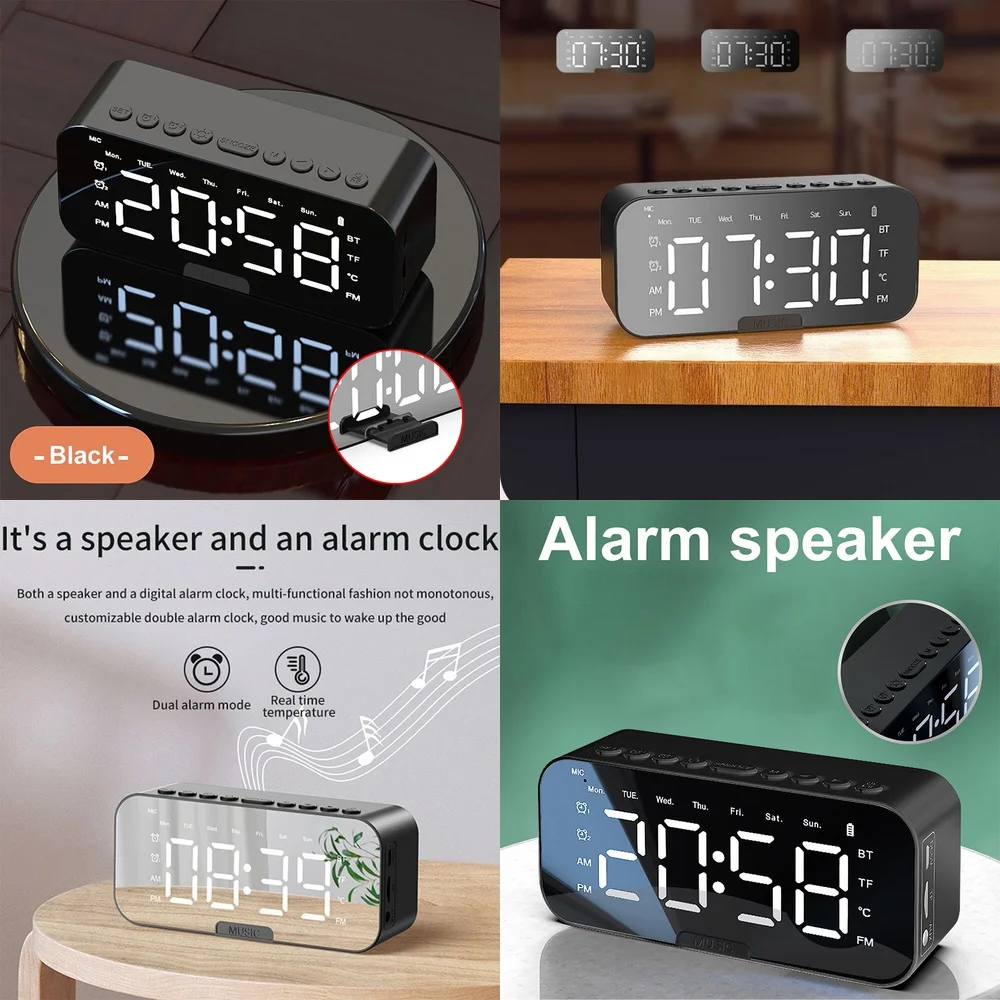 

Alarm clockDigital Alarm Clock with FM Radio Mirror LED Display Wireless Speaker USB Charging Portable Bedside Clock for Home