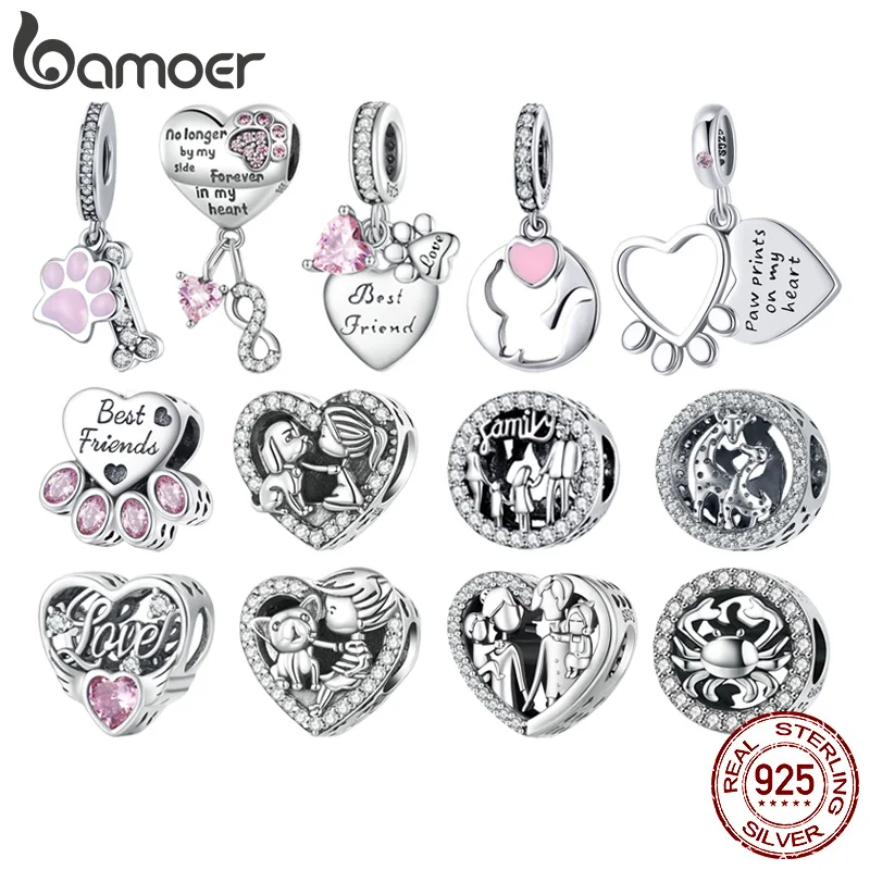 Bamoer 925 Sterling Silver Pink Zircon Pet Paw Pendant Charms Heart Shape Dog Beads for Women Bracelet and Necklace DIY SCC2434