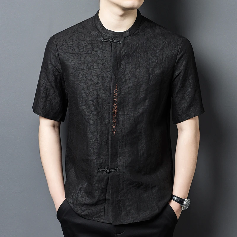 

Covered Button Silk 100% Shirts For Men Short Sleeve Lightweight Summer Quality Skin-Friendly Embroidery Satin Camisas De Hombre