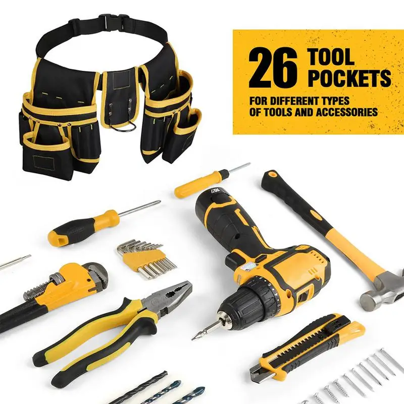 Tool Pouch Belt Oxford Belt Work Tool Belt with 26 Pockets Gardening Tool Pouch Bag Multi-Pocket Electrician Waist Tool Bag Belt