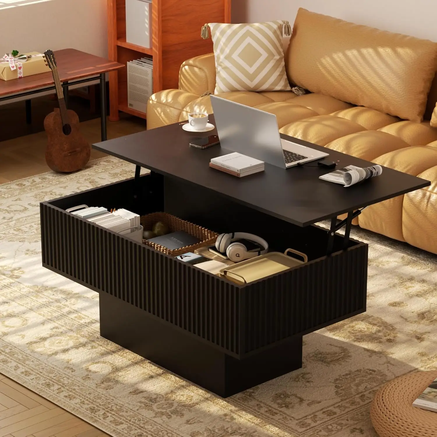 

Modern Lift Top Coffee Table with Fluted Design, Multi-Charging Ports (2AC, USB, Type-C), 16-Color LED Lighting & Spacious Stora