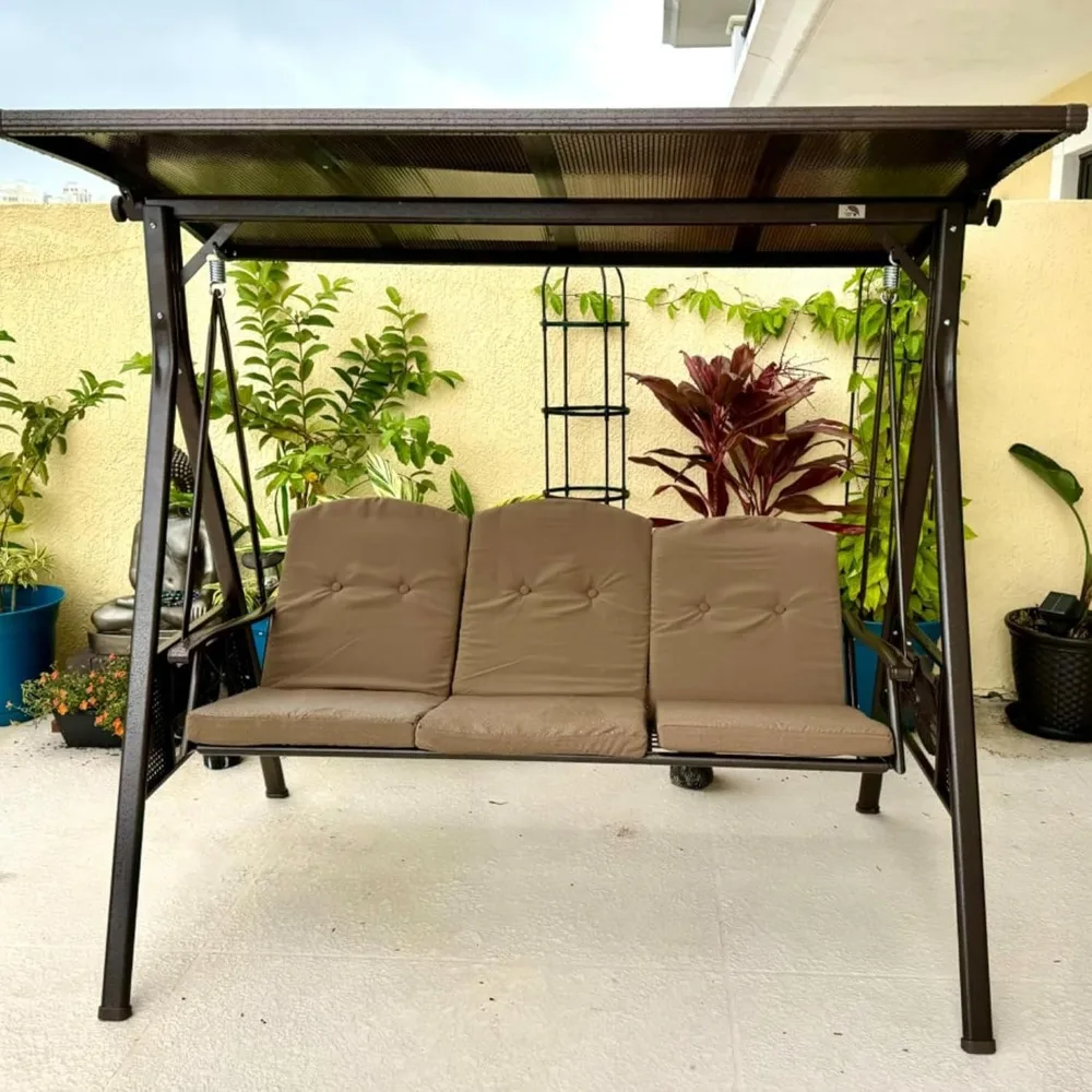 Outdoor Patio Porch Swing with Adjustable PVC Canopy, 3-seat Swing Chair Bench with Side Cup Holder Backyard Front Porch Lawn