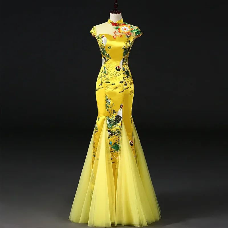 

Yellow Chinese Style Womens Wedding Cheongsam Retro Sexy Slim Party Evening Dress Marriage Gown Qipao Fashion Lady Vestido S-3XL