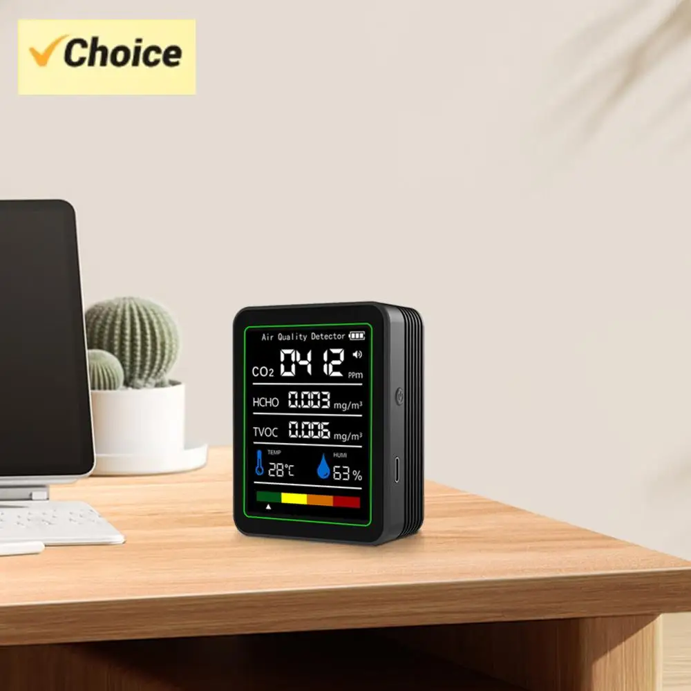 Monitor de temperatura y humedad 5 en 1, pantalla Digital CO 2, Monitor de calidad del aire, recargable por USB para detección de calidad del aire