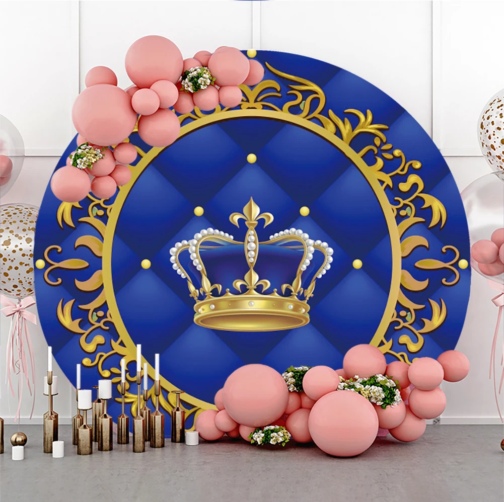 Baby Shower Round Backdrop Cover Royal Blue Pink Curtain Crown Boy Girl Prince Princess Birthday Party Photography Background