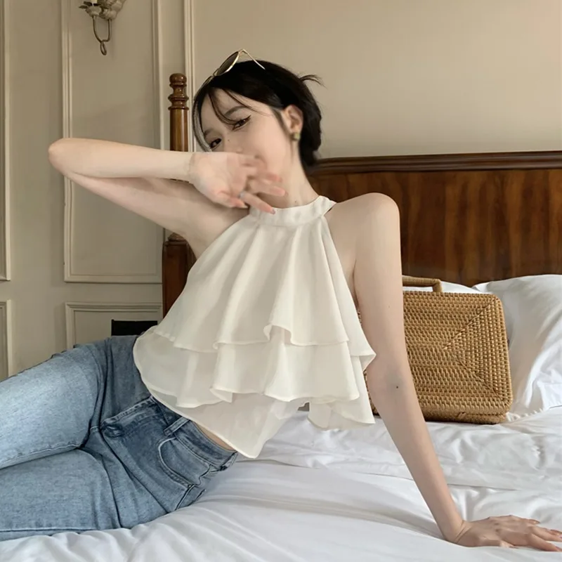 Women Ruffle Chiffon Tops Halter Shirt Off Shoulder Sexy Chiffon Blouse O-neck Sleeveless Chiffon Tanks Korean Casual Tank Tops