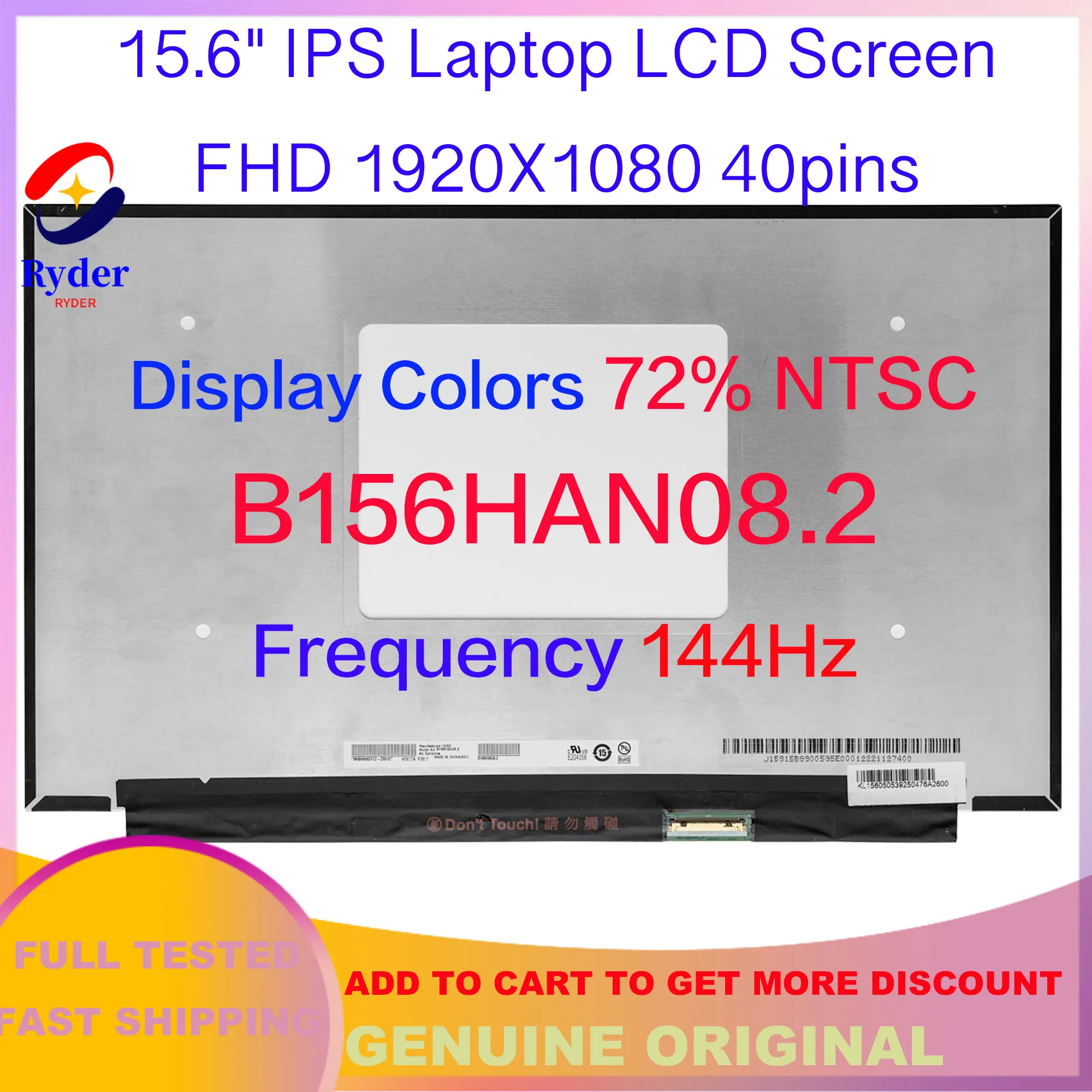 

15.6" IPS 144Hz Laptop LCD Screen Display Panel B156HAN08.2 fit B156HAN08.0 NV156FHM-N4K NV156FHM-N4G Upgrade Gaming 40pins eDP