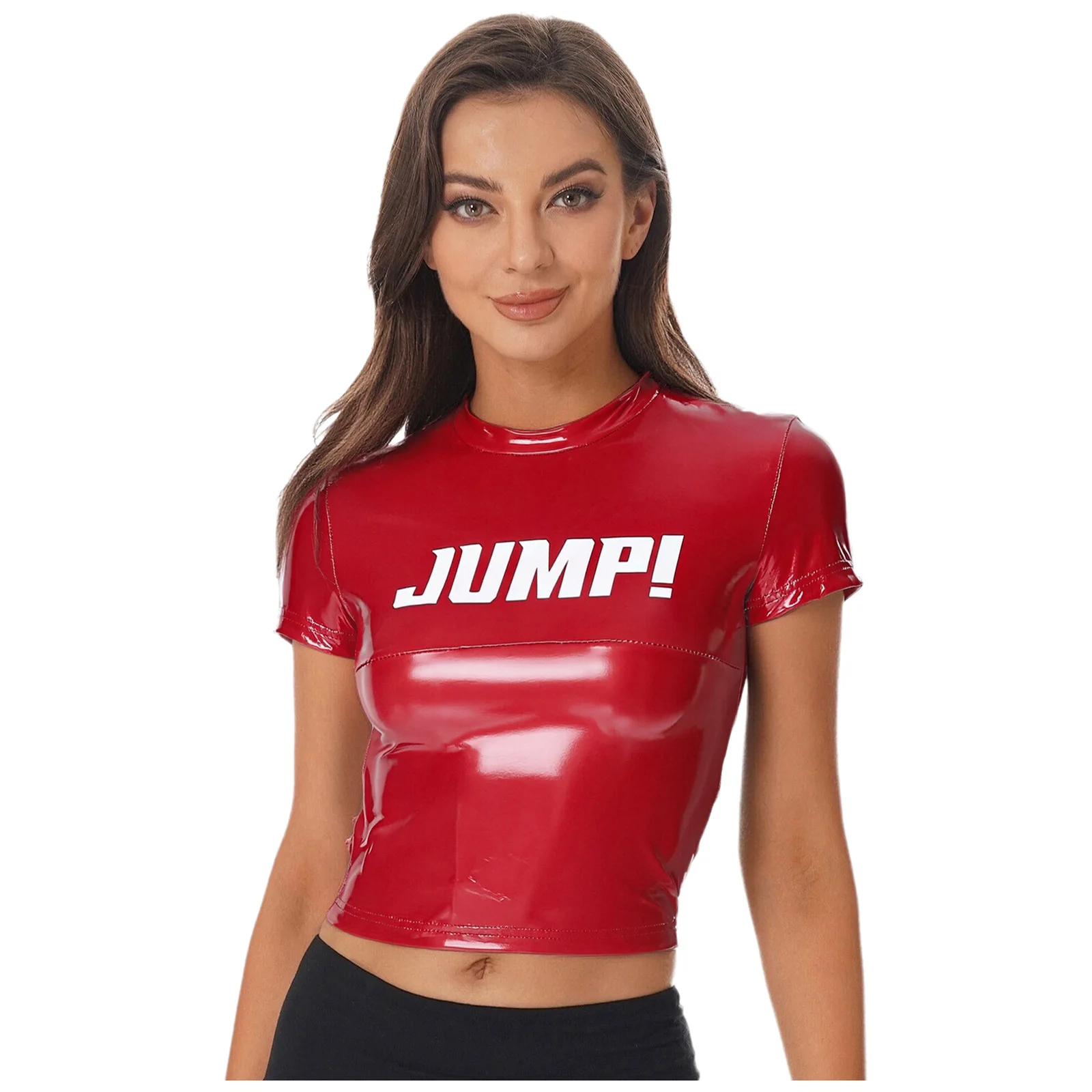 

Womens Stylish Letter Print Glossy Crop Top Crew Neck Short Sleeve Pullover Slim Cropped T-shirt Blouse for Club Going Out