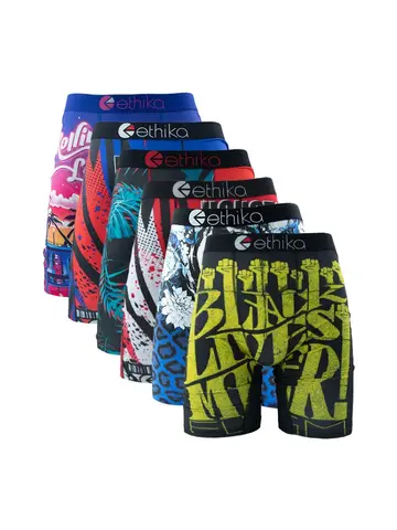 ETHIKA 6Pcs Men Underwear Boxers Breathable Man Swimming Underpants Plus Size Print Mens Panties Trunks Sexy Men's Boxershorts
