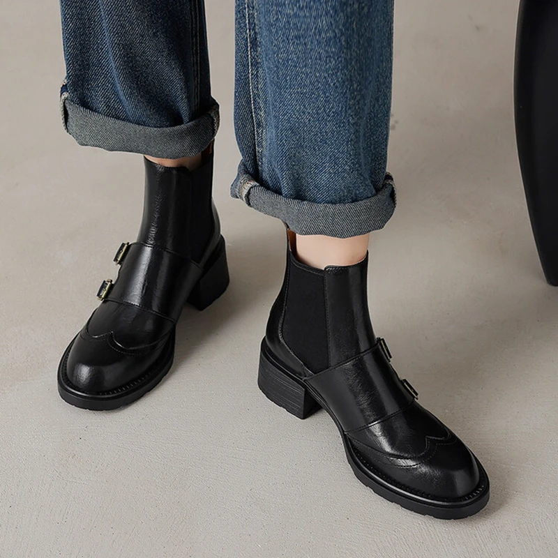 NEW Autumn Women Boots Round Toe Chunky Heel Shoes Split Leather Shoes for Women Slip-on Ankle Boots Belt Buckle Chelsea Boots