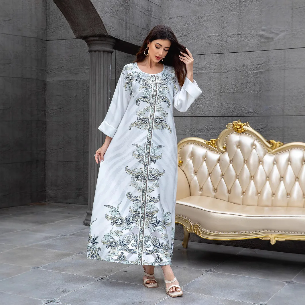 

Middle East Muslim New Fashion Women's White Printed Embroideried Sequins Long Sleeve O-neck Ankle Length Dresses Female Clothes