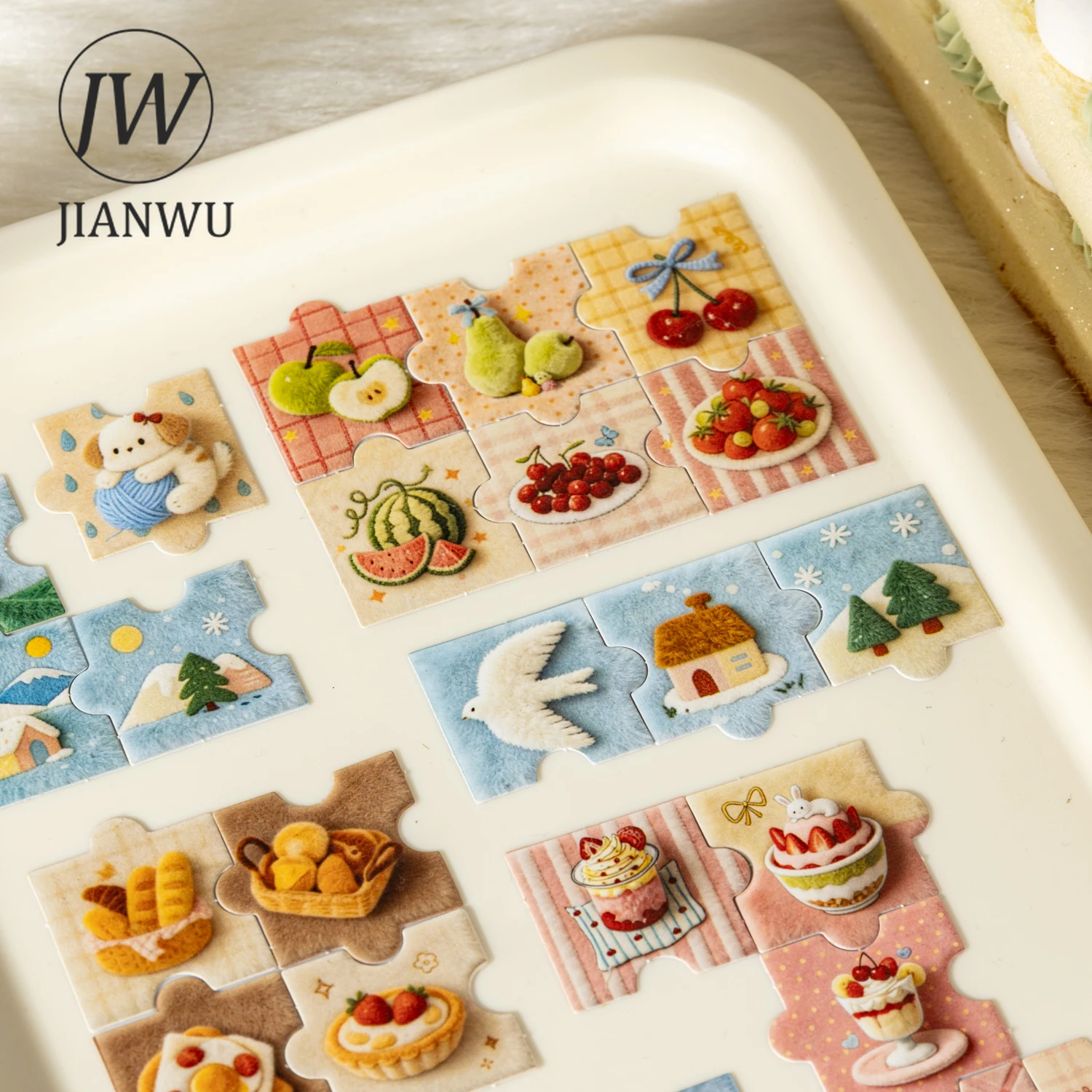 JIANWU Puzzle Pieces Series Cute Plush Life Pet Tree Landscape Material Collage Scrapbooking Sticker Creative Journal Stationery