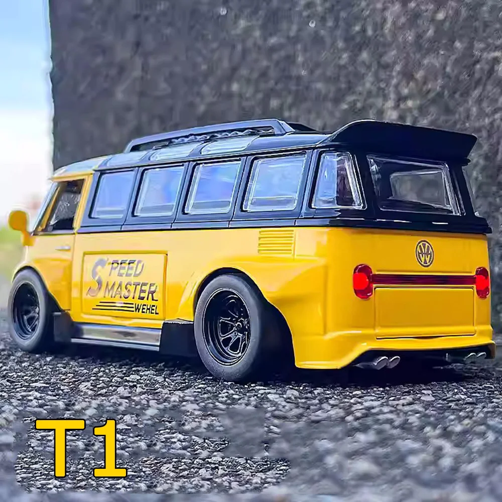 1:32スケール T1バス ハイエースモデル 合金製ダイキャストカー ドア開閉可能 ライトと音楽付き プルバックカー 子供・大人向けギフト