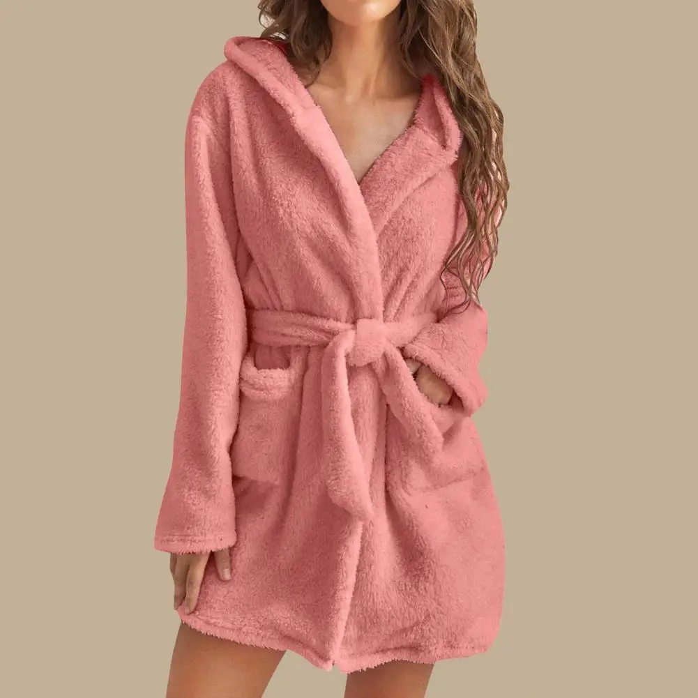 Women Coral Velvet Nightgown Thick Plush Adjustable Lace Up Belt Hooded Robe Solid Color Water Absorption Homewear For Winter