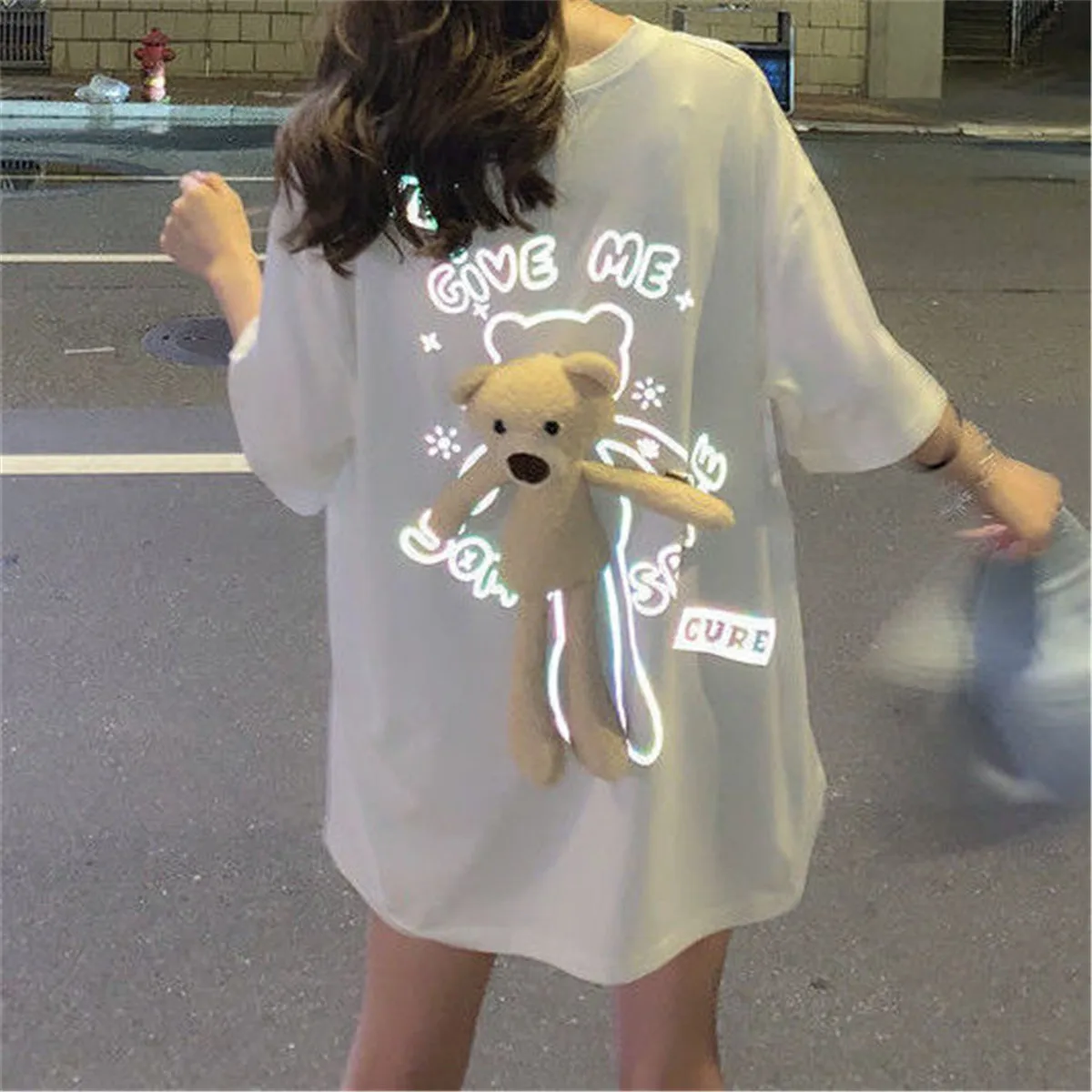 100% Cotton Cute Cartoon Tshirt With Bear Funny Loose Female Tee Fashion Japan Harajuku Gothic T Shirt Hip Hop Clothes T Shirt