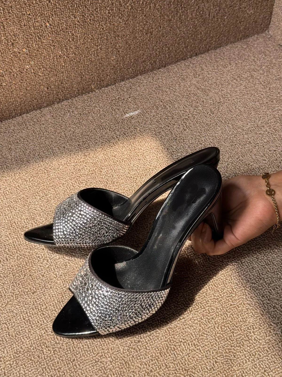 Bling Rhinestone Patchwork Pointed Toe Outdoor Summer Women Slippers Chunky High Heel Slip On Design Large Size Sexy Style Shoes