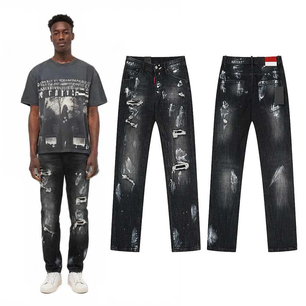 

Y2k Streetwear Clothing Mens Slim Fit Jeans with Distressed Printed Hiphop Street Style Casual Retro Vintage Ripped Skinny Jeans