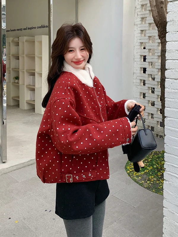 

Красное ретро-пальто из овечьей шерсти с принтом в горошек для женщин, осенне-зимнее, утепленное, повседневное, свободного кроя, на молнии