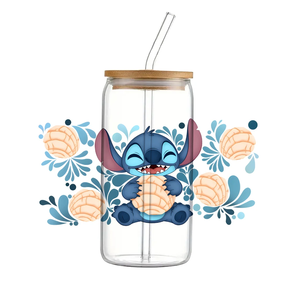 Stitch 16oz UV DTF Cup Wrap Libbey Glass Beer Can tumbler Transfer Stickers Waterproof Permanent Adhesive Spring Flower Cartoon