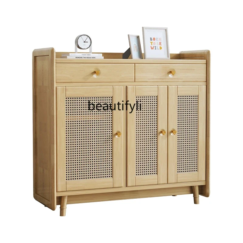 

Nordic Solid Wood Rattan Shoe Cabinet Simple Modern Locker Japanese Style Entrance Foyer Sideboard Creative Storage Cabinet