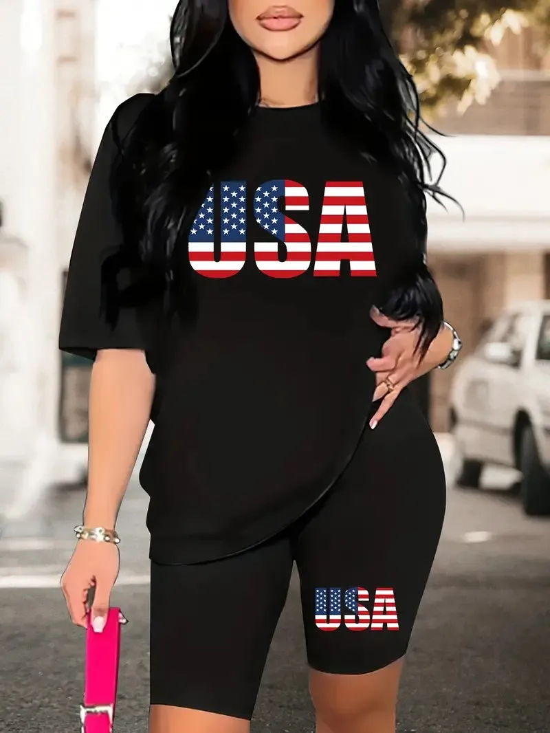 Independence Day sale women\'s 2-piece set flag text, casual short-sleeved T-shirt and tight shorts women\'s suit women\'s wear