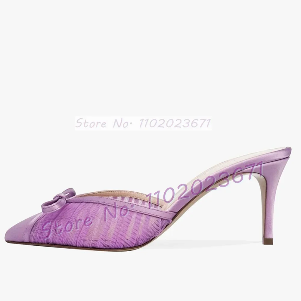 Bowknot Pointed Toe Tulle Slippers Women Elegant Satin Patchwork High Heels Shoes Female Festival Party Charming Purple Mules