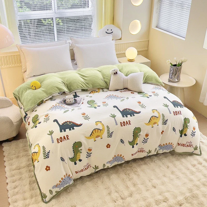 Cartoon Dinosaur Soft Cotton Duvet Cover, Winter Coral Velvet Bed Milk Velvet Duvet Cover Student Dormitory Plus Velvet Bedding